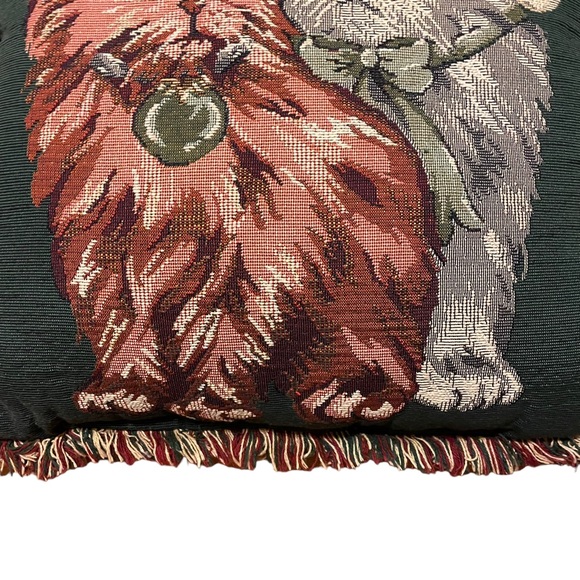 Vintage Christmas Cats Kittens Needlepoint Tapestry Frayed Border Holiday Pillow - Picture 3 of 16